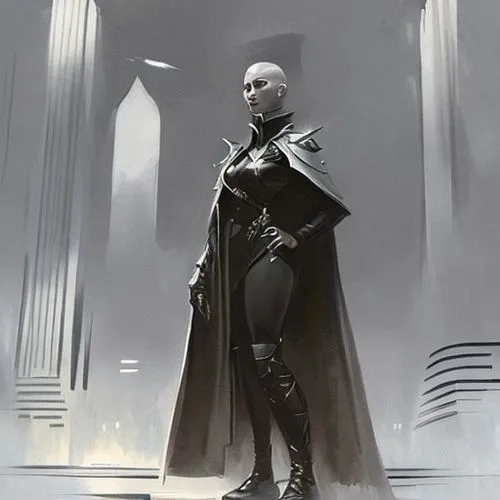 powerful bald female leader in futuristic uniform and long cape, painting by Frank Frazetta,dark elf,imperial coat,jaya,vader,emperor,prejmer,imperial,sentinel,gara,nebula guardian,cloak,archangel,con