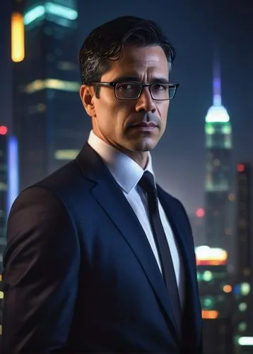 Cybersecurity expert, mature man, (40yo), short black hair, glasses, formal wear, white shirt, black tie, dark blue suit, standing, confident posture, cityscape, skyscraper, modern office building, ni