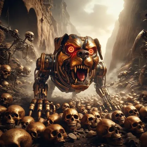 a robot that is on top of a lot of skulls,skull racing,ruination,war machine,terminator,gotrek,ultron