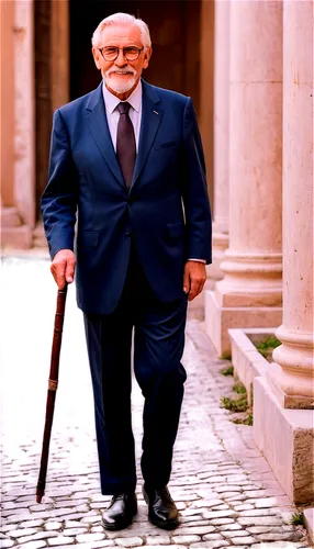 Old man, senior citizen, solo, (70yo), wrinkles, white hair, thick beard, glasses, suit, tie, leather shoes, walking stick, gentle smile, warm eyes, soft lighting, 3/4 composition, shallow depth of fi