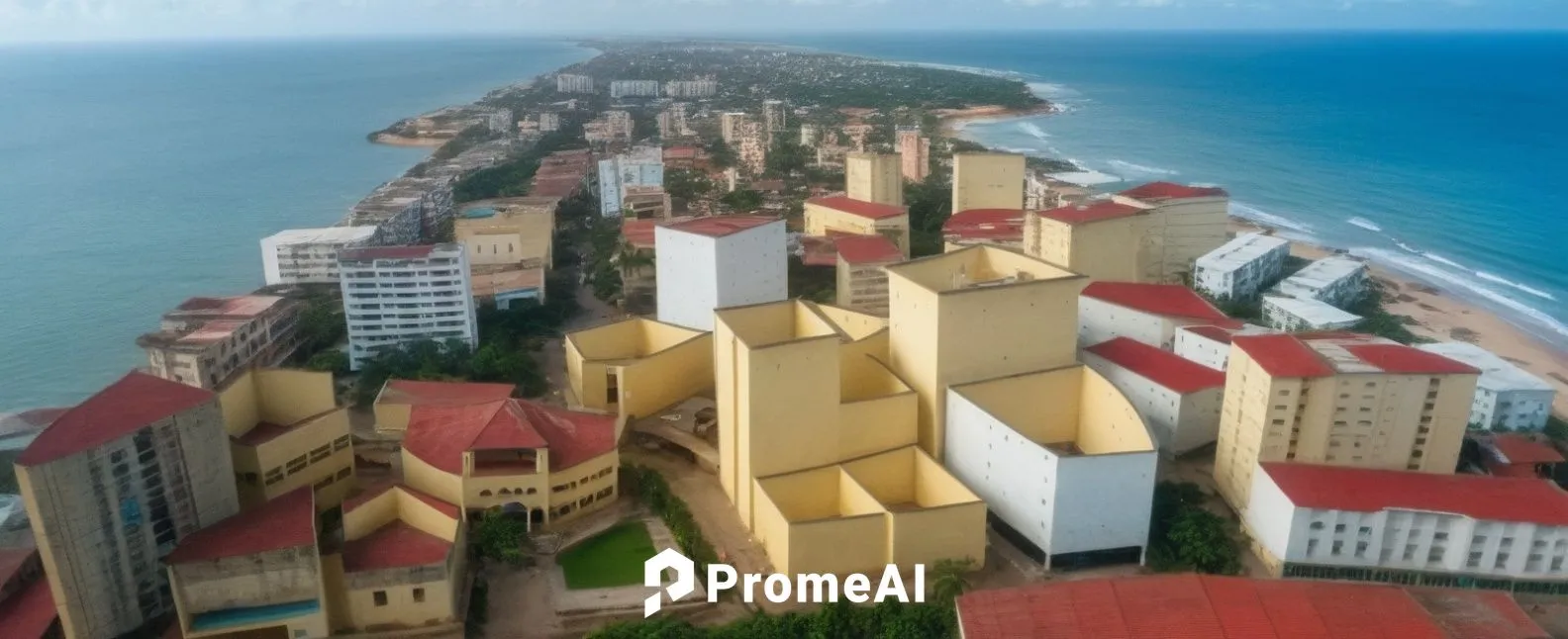 MAKE THIS BLUR IMAGE OF A SWAHILI CITY IN MOMBASA WITH HINDU ISLAMIC AFRICAN VERNACULAR ARCHITETURE  INTO A MASTER PLAN WITH VARIOUS BUILDINGS MIXED USE MODERN IN THE 2050 WITH A LITTLE HIGHER BUILDIN