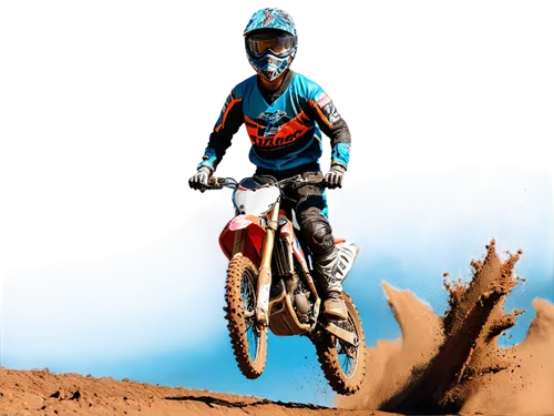 Motocross rider, male, young adult, helmet, goggles, racing suit, boots, dirt bike, mud splatter, dynamic pose, jumping in mid-air, sunny day, soft focus background, shallow depth of field, warm color