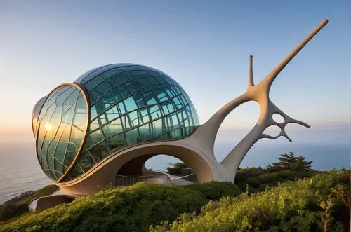 an architectural masterpiece inspired by the elegant and organic form of a snail. The building should be perched on a majestic cliff, offering panoramic views of the ocean. The design should incorpora