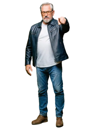 Sexy old man, muscular arms, grey hair, glasses, thick beard, mature face, wrinkles, silver watch, black leather jacket, white shirt, dark blue jeans, boots, standing, confident pose, low-angle shot, 