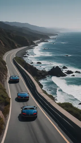 A luxurious car racing on a scenic coastal highway,pacific coast highway,highway 1,coastal road,winding roads,alpine drive,pacific coastline,porsche 911 targa,great ocean road,monterey,coastline,porsc