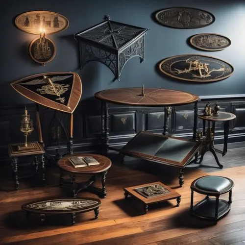 a room with chairs, table, lamps and several decorative objects,music instruments on table,antique table,beer table sets,antique furniture,orrery,victorian table and chairs,Unique,Design,Infographics