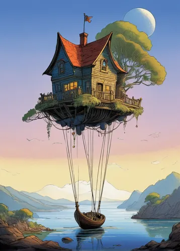 tree house,floating island,tree house hotel,treehouse,flying island,crooked house,studio ghibli,airship,airships,floating huts,island suspended,hanging houses,stilt house,floating islands,house with lake,sky apartment,cube stilt houses,stilt houses,bird house,cube house,Illustration,Retro,Retro 22