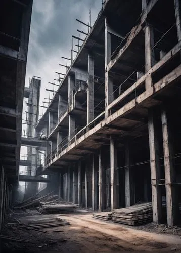 Raw concrete architecture, modern brutalist style, minimalist aesthetic, rugged texture, rough edges, industrial atmosphere, urban setting, cityscape background, dramatic lighting, low-angle shot, str