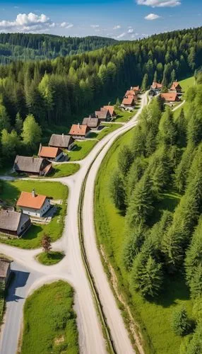 A modern village next to a vast and beautiful European forest, a dirt road and a small wall around this village.,zlatibor,harrachov,huneck,ore mountains,acreages,waldviertel,slovakia,skov,pokljuka,buc