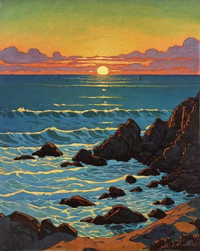 coast sunset,beach landscape,coastal landscape,sun and sea,seascape,landscape with sea,pacific,sunset beach,sunrise beach,sea landscape,sun,sunset,sunrise,vintage art,el mar,sunset glow,travel poster,first light,the sun has set,horizon,Illustration,Retro,Retro 17