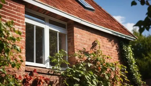 Red brick house, modern architecture, triangular roof, white window frames, wooden door, climbing plants, green vines, English countryside, sunny afternoon, warm soft light, gentle shadows, 3/4 compos