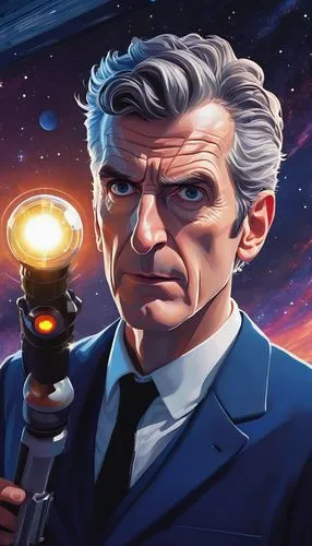 Twelfth Doctor, male, British, blue suit, white shirt, black tie, Converse shoes, sonic screwdriver, time-traveling, science fiction, futuristic, galaxy background, stars, planets, nebulae, spaceship,