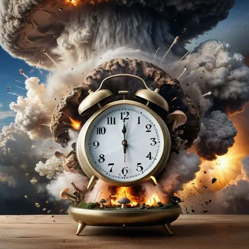 An alarm clock explodes, Mushroom cloud,new year clock,end time,time pressure,the eleventh hour,doomsday,time machine,spring forward,time pointing,time,out of time,world clock,time travel,time passes,