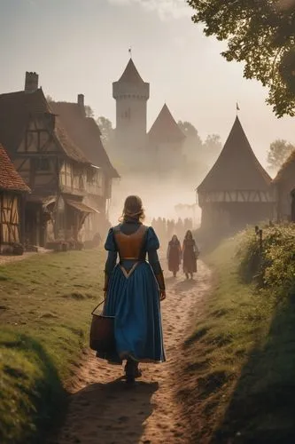 ((cinematographic image of a very close small medieval settlement)) in the middle of a wooded field, wet ground, golden hour, warm lighting, volumetric light, haze, foggy field, smoke, (medieval era),