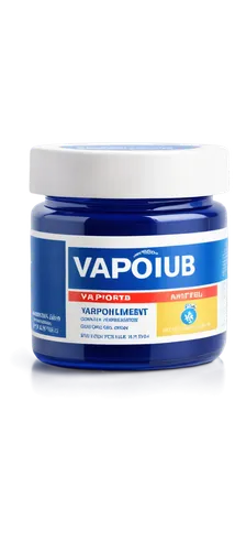 Bottle, Vaporub, blue label, white cap, transparent glass, rounded shape, medicinal product, ointment, healthcare, 3/4 composition, shallow depth of field, soft focus, warm color tone, morning light.,