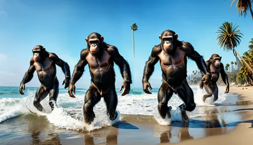 Apes from fires, splashing while walking and jumping on the beach with palm trees and water in LA. perfectly rendered ultra high,human evolution,great apes,primates,ape,chimpanzee,common chimpanzee,di