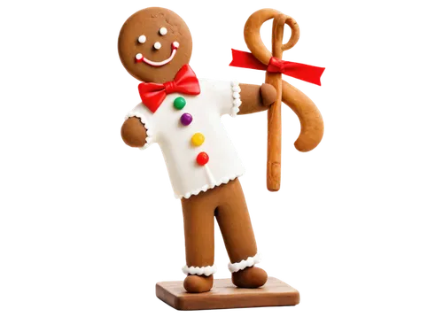 Gingerbread man, festive holiday season, white icing, colorful candies, bright red bow tie, cheerful smile, standing upright, wooden cutting board, rustic texture, warm lighting, shallow depth of fiel