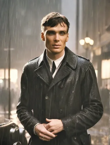  ( cillian murphy ) black leather overcoat at a distroyed citty post war raining  nigth,grindelwald,riddler,benedict,man with umbrella,newt,atatürk,sherlock,maxlrain,overcoat,frank sinatra,raindops,th