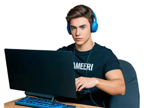 Young adult male, gamer, sitting, casual clothing, graphic t-shirt, ripped jeans, black sneakers, messy brown hair, bright blue eyes, focused facial expression, hands on keyboard, fingers on mouse, ga