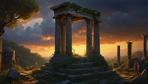 mausoleum ruins,necropolis,druid stone,fantasy landscape,the ruins of the,ancient city,ancients,ruins,ancient,the ancient world,sepulchres,ancient ruins,karakas,fantasy picture,mausolea,pillars,hall of the fallen,greek temple,world digital painting,artemis temple,Art,Artistic Painting,Artistic Painting 30