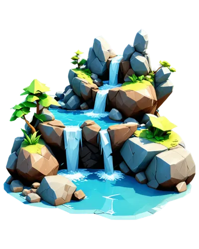 Game environment art, a small waterfall in the middle of some rocks, a low polygon rendering inspired by advanced environment artists,floating islands,floating island,a small waterfall,underwater oasi