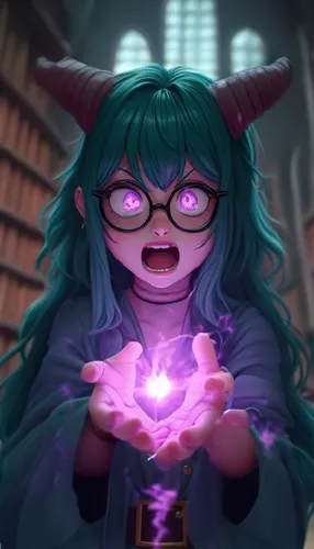 purple energy flies from a girl's hands and bounces around the screen,eto,alexandrite,magistra,iruma,toko,magic grimoire,shadman,kubera,merlini,merula,spinmeister,fukawa,ruyigi,kda,magistrate,koigi,sc