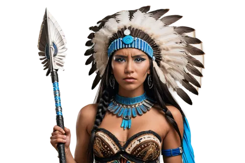 Native American, feathered headdress, strong facial features, dark skin, braided black hair, traditional clothing, fringe, beaded accessories, holding a spear, standing proudly, majestic posture, warm