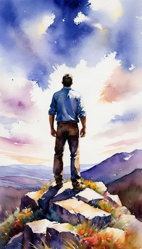 mountain guide,mountaineer,watercolor background,hiker,world digital painting,the wanderer,the spirit of the mountains,watercolor,mountain climber,mountaineers,towards the top of man,watercolor painting,landscape background,free wilderness,pilgrim,adventurer,mountain scene,mountain top,game illustration,watercolor paint,Illustration,Paper based,Paper Based 03