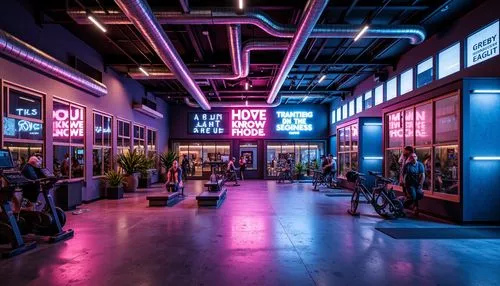 Industrial-chic fitness club, exposed ductwork, polished concrete floors, metallic accents, neon-lit signage, dynamic LED lighting, mirrored walls, sleek equipment stations, free weights area, cardio 