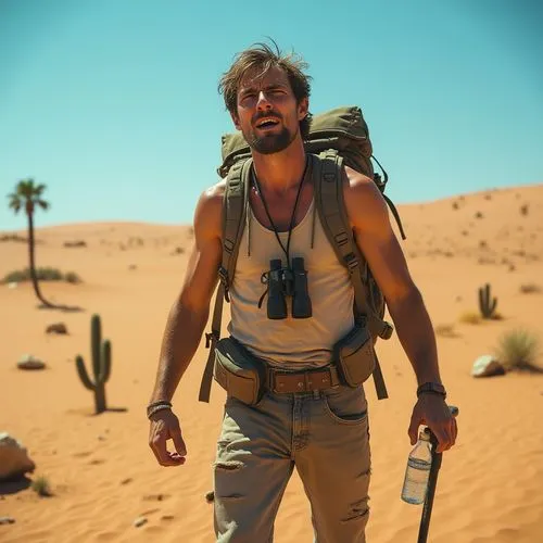 Desert landscape, vast sandy dunes, clear blue sky, blistering sun, harsh sunlight, cacti scattered, rocky outcrops, arid terrain, a lonely palm tree, old worn boots, torn jeans, beige tank top, sweat