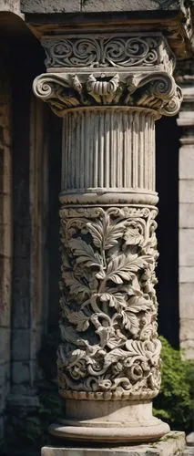 Ancient Greek column, Doric capital, fluted shaft, ornate base, stone material, detailed carvings, intricate patterns, Ionic scroll, Corinthian leaf, ruin surroundings, overgrown with vines, broken pe