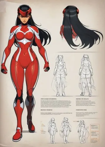 A turnaround character design sheet of a female superhero. Athletic figure. Long black hair in a ponytail. Color: Black and red. Comic book cell-shading style. Full body shot. Character standing front