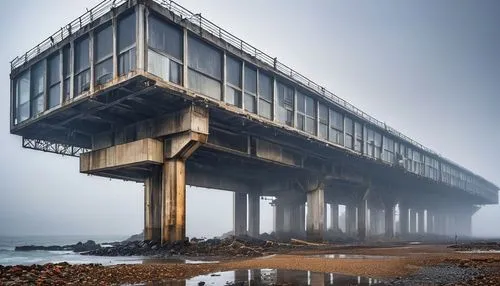 stilt house,concrete bridge,trestle,concrete ship,highway bridge,lifeguard tower,wooden pier,abandoned place,abandoned places,old pier,stilt houses,burned pier,abandoned,abandonded,industrial ruin,pier,brutalist architecture,wooden bridge,coastal protection,cube stilt houses,Photography,General,Realistic