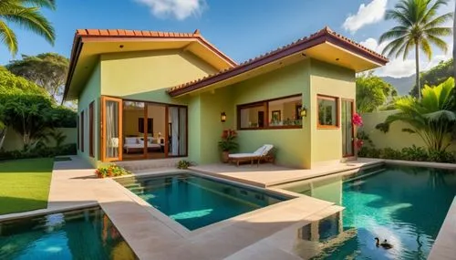 a tranquil pool stretches out before you, decorated with colorful flowers and palm trees. Sunlight streams in through the window, casting a warm glow on the water's surface. Birds chirp in the distanc