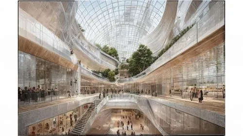 Interior rendering of a modern indoor shopping center in San Francisco, CA. The interior of the space is comprised of high-end retail, entertainment, luxury wellness, and spa. There is a climbing wall