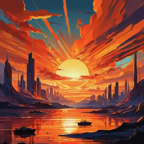 futuristic landscape,fire planet,fantasy landscape,alien planet,world digital painting,mountain sunrise,post-apocalyptic landscape,vast,alien world,orange sky,space art,dune landscape,coast sunset,earth rise,landscape background,plains,desert planet,sunset,rising sun,dune,Conceptual Art,Sci-Fi,Sci-Fi 06