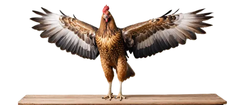 A majestic chicken hawk, solo, standing, strong legs, sharp talons, brown feathers, wings spread wide, fierce eyes, slight tilt head, rustic wooden background, warm sunlight, shallow depth of field, c