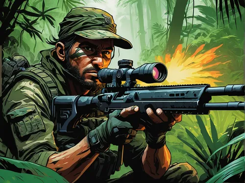 sniper,game illustration,patrol,rifleman,marine expeditionary unit,aaa,hunting decoy,war correspondent,shooter game,vietnam,tiger png,jungle,gi,the sandpiper combative,camera illustration,on the hunt,ocelot,marksman,mobile video game vector background,infantry,Conceptual Art,Fantasy,Fantasy 08