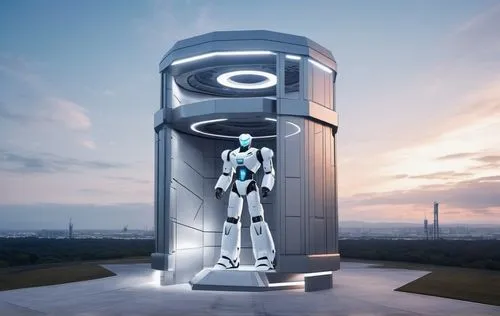 거대로봇격납고, 20미터높이, 야외배경,electric tower,futuristic art museum,electric mobility,automated teller machine,monument protection,electric charging,sky space concept,nissan leaf,the observation deck,observati