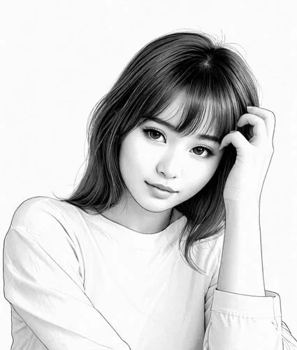 女生，白色衬衫，黑白，线稿，线条艺术,pencil portrait drawing of a woman posing in front of white background,riho,akimoto,toshiko,togawa,mikiko,girl drawing,Design Sketch,Design Sketch,Detailed Outline