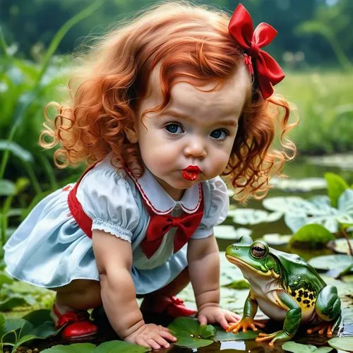 ein süßes zweijähriges Mädchen mit lockigem langem Haar und einer großen roten Haarschleife geht in die Hocke und küsst einen Frosch; realistisches Ölgemälde,cute baby,girl picking flowers,girl in the