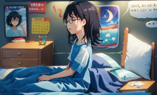 Caroline with her long black hair and glasses, wearing sleeping clothes. on the bed,a anime girl sits on the bed,hikikomori,riska,mei,houngbedji,manhwa,kinokuniya,Anime,Anime,Realistic