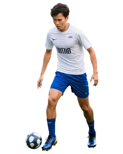 Soccer player, male, athletic build, messy short hair, sweat droplets, determined facial expression, white jersey, blue shorts, shin guards, cleats, ball at feet, kicking pose, action shot, dynamic co