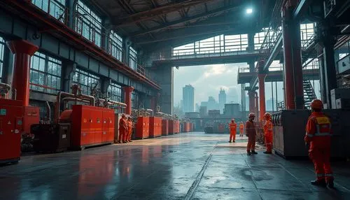 Industrial factory, modern architecture, red accent walls, metallic beams, concrete floors, large windows, natural light, machinery equipment, pipes, valves, control panels, warning signs, safety helm