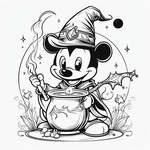 A black-and-white coloring page featuring a cartoon character Mickey Mouse dressed as a whimsical wizard with a pointy hat and cape, holding a wand over a bubbling cauldron. The environment includes c