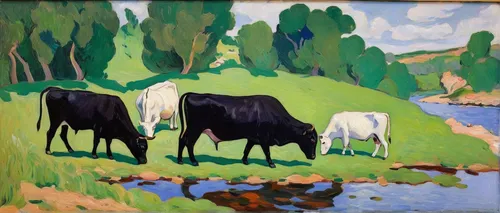 19th Century landscape oil painting of cattle by a river,cows on pasture,oxen,two cows,cows,heifers,milk cows,dairy cows,galloway cows,pasture,holstein cattle,mountain cows,braque d'auvergne,cattles,c