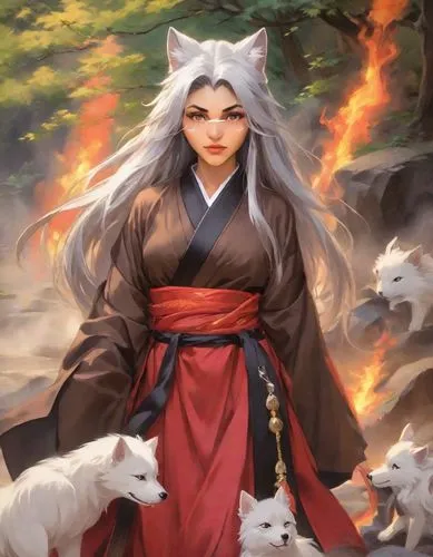 a woman with a long grey hair is standing next to two white animals,inuyasha,kitsune,amaterasu,okami,yukai,tomoe,Digital Art,Impressionism