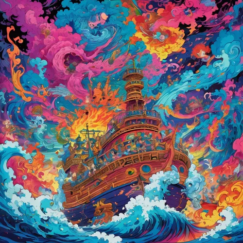 sea fantasy,ocean liner,reefer ship,waterglobe,colorful spiral,maelstrom,pirate ship,voyage,sauceboat,tidal wave,shipwreck,phoenix boat,the ship,ship of the line,ship,ship travel,cruise ship,digging ship,scarlet sail,caravel,Conceptual Art,Oil color,Oil Color 23