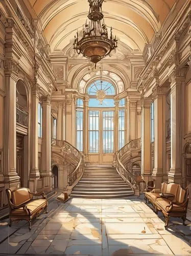 ornate room,marble palace,neoclassical,europe palace,ballroom,cochere,palladianism,palatial,empty interior,louvre,staircase,royal interior,neoclassicism,palaces,grand master's palace,hall of the fallen,luxury decay,entrance hall,grandeur,baroque,Unique,Design,Sticker