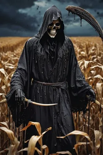 scythe,grim reaper,grimm reaper,scarecrow,reaper,dance of death,wheat field,corn field,straw man,field of cereals,wheat fields,death god,maize,grain field,angel of death,wheat crops,strands of wheat,corn stalks,straw field,harvester,Conceptual Art,Graffiti Art,Graffiti Art 08